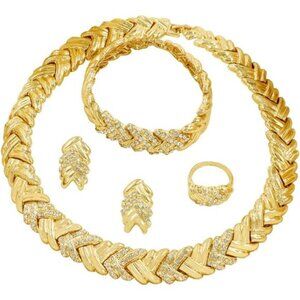 Gold Crystal Necklace Earrings Jewelry Set Wedding Party Dubai Jewelry Women
